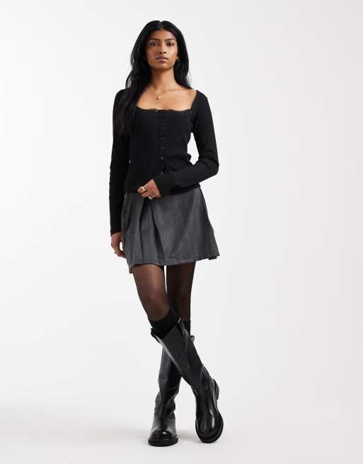 ASOS DESIGN cotton rib button down square neck top with lace trim in black, 2 of 4
