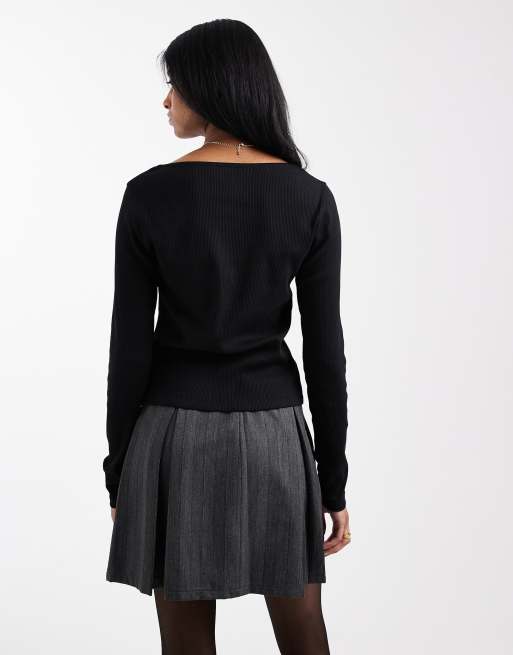 ASOS DESIGN cotton rib button down square neck top with lace trim in black, 3 of 4