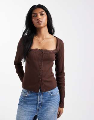 Asos Design Cotton Rib Button Down Square Neck Top With Lace Trim In Brown