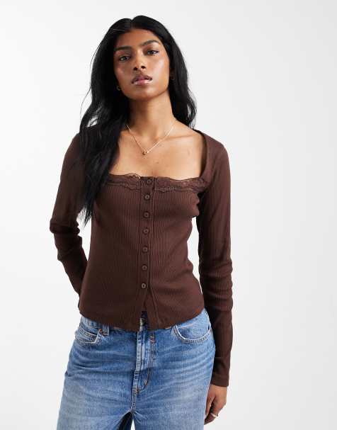 ASOS DESIGN cotton rib button down square neck top with lace trim in chocolate