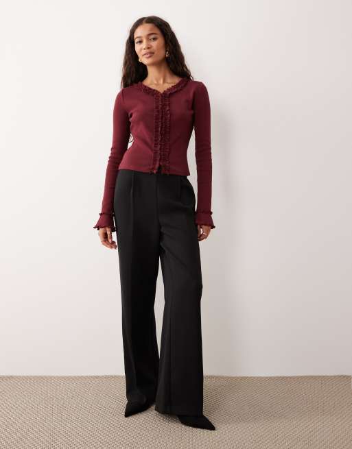 ASOS DESIGN cotton rib cardigan with ruffle detail in burgundy, 2 of 4