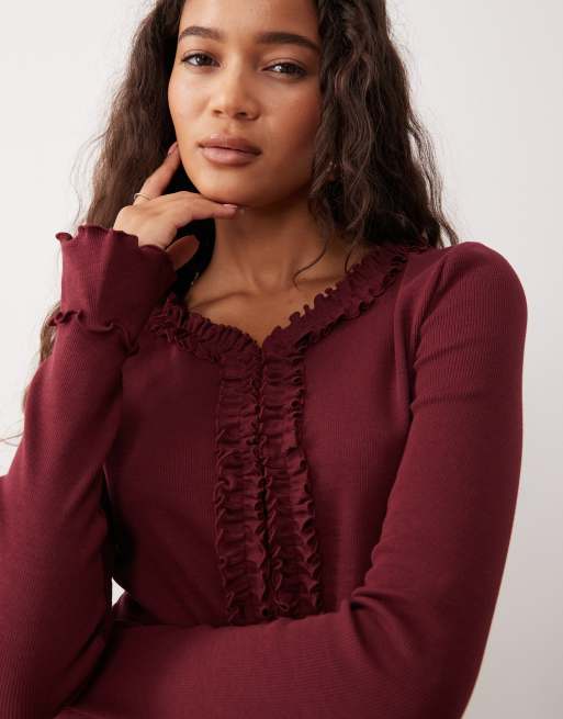 ASOS DESIGN cotton rib cardigan with ruffle detail in burgundy, 3 of 4