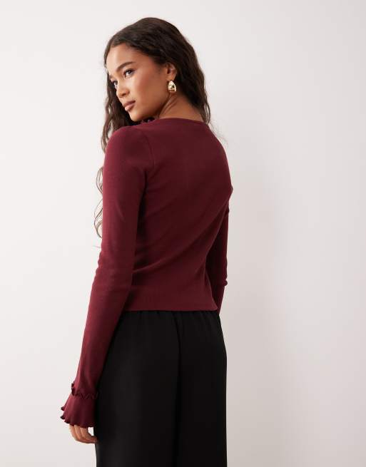 ASOS DESIGN cotton rib cardigan with ruffle detail in burgundy, 4 of 4