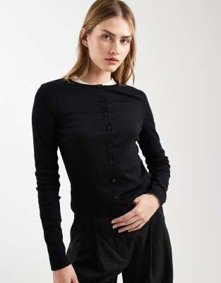 Asos Design Cotton Rib Crew Neck Button Through Top In Black