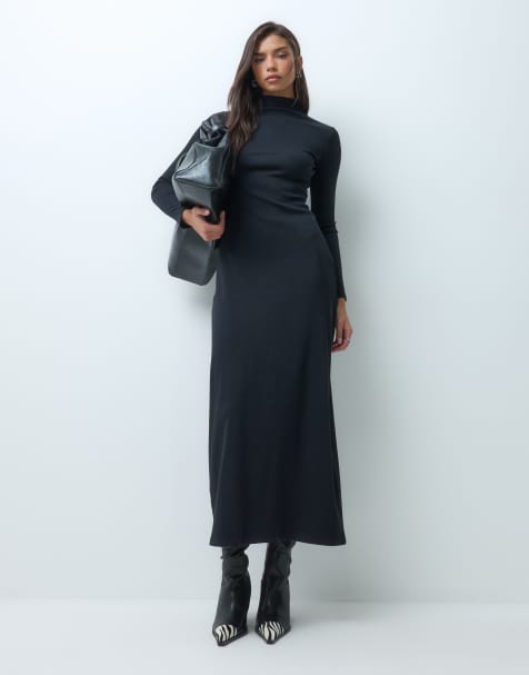 ASOS DESIGN cotton rib high neck maxi dress in black - view 1