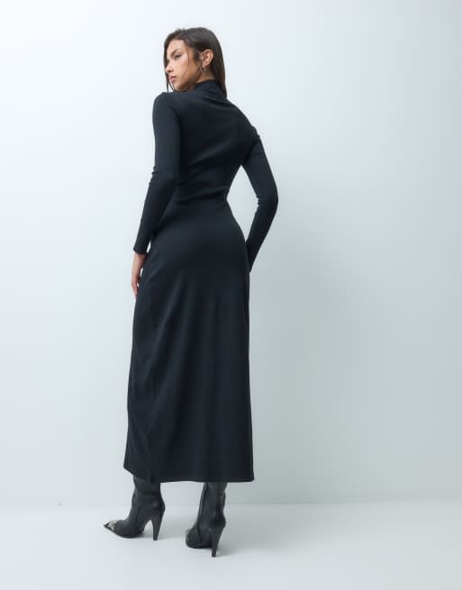 ASOS DESIGN cotton rib high neck maxi dress in black, 3 of 5
