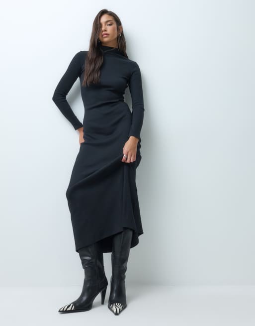 ASOS DESIGN cotton rib high neck maxi dress in black, 4 of 5