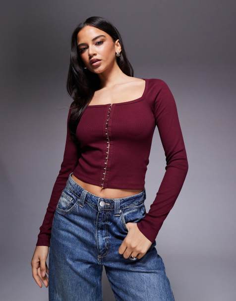 ASOS DESIGN cotton rib hook and eye long sleeve top in burgundy - view 1