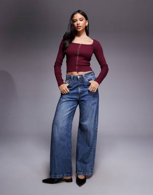 Asos Design Cotton Rib Hook And Eye Long Sleeve Top In Red