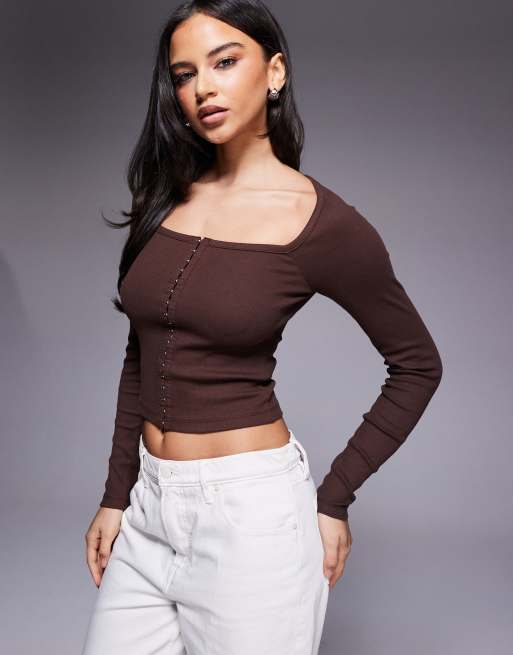 ASOS DESIGN cotton rib hook and eye long sleeve top in chocolate