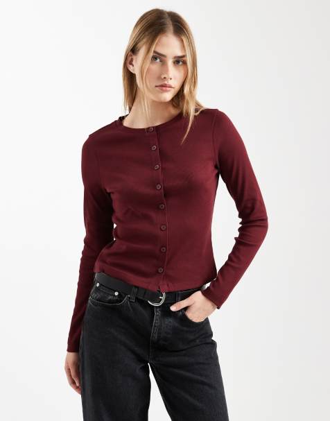 ASOS DESIGN cotton rib knit crew neck button up top in burgundy - view 1
