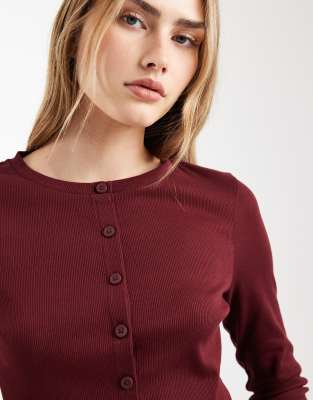 Asos Design Cotton Rib Knit Crew Neck Button Up Top In Brown