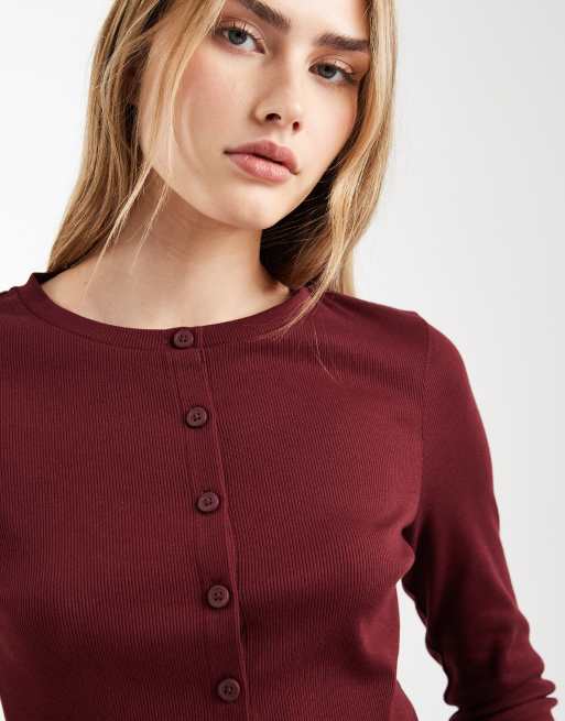 ASOS DESIGN cotton rib knit crew neck button up top in burgundy, 2 of 4