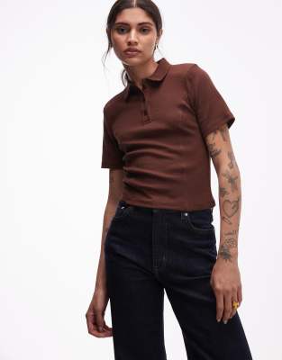Asos Design Cotton Rib Knit Polo Top With Shoulder Pads In Brown