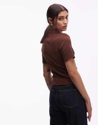 Asos Design Cotton Rib Knit Polo Top With Shoulder Pads In Brown