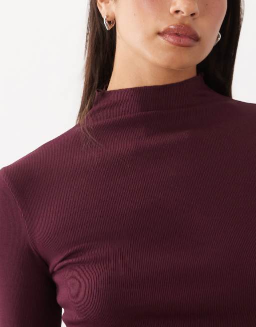 ASOS DESIGN cotton rib lettuce hem mini dress in burgundy, 2 of 4