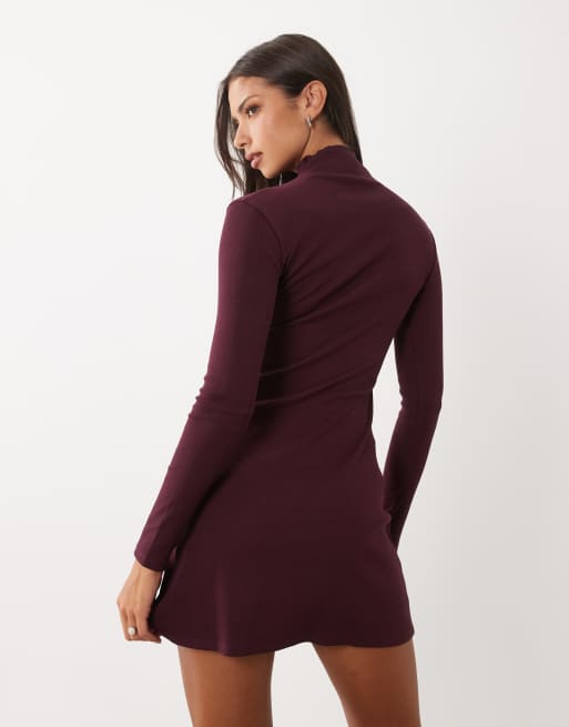 ASOS DESIGN cotton rib lettuce hem mini dress in burgundy, 4 of 4