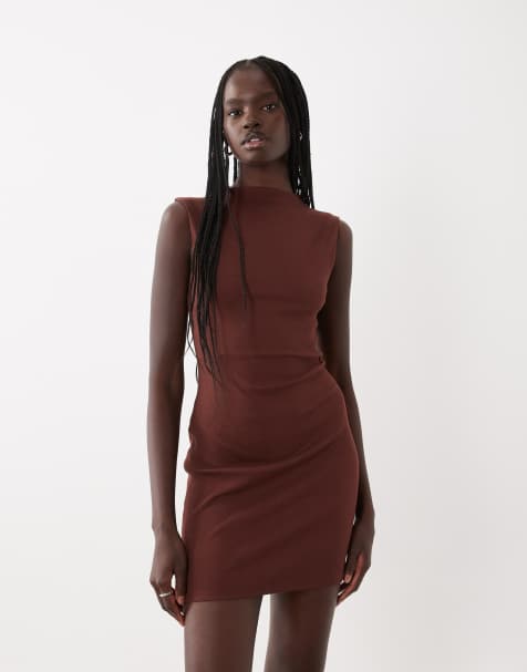 ASOS DESIGN cotton rib mini dress in chocolate - view 1