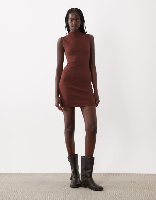 ASOS DESIGN cotton rib mini dress in chocolate, 2 of 4