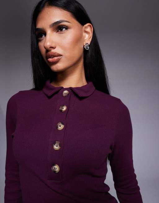 Asos Design Burgundy Mesh Top Long Sleeve ASOS DESIGN Cotton Rib