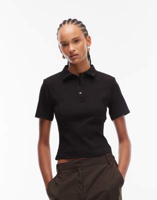 Asos Design Cotton Rib Polo Top With Shoulder Pads In Multi