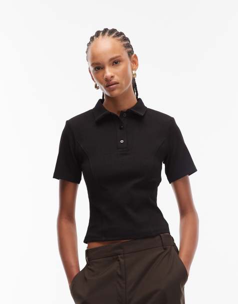 ASOS DESIGN cotton rib polo top with shoulder pads in black - view 1