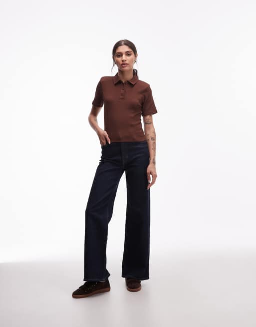 ASOS DESIGN cotton rib polo top with shoulder pads in brown, 3 of 4