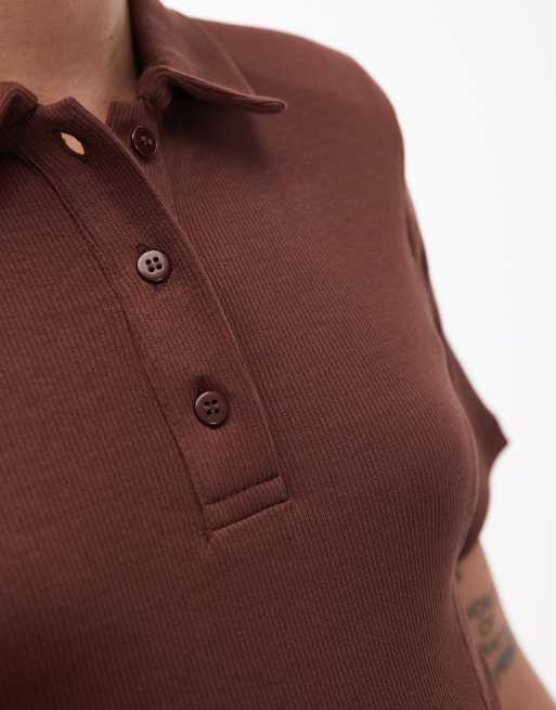 ASOS DESIGN cotton rib polo top with shoulder pads in brown, 4 of 4