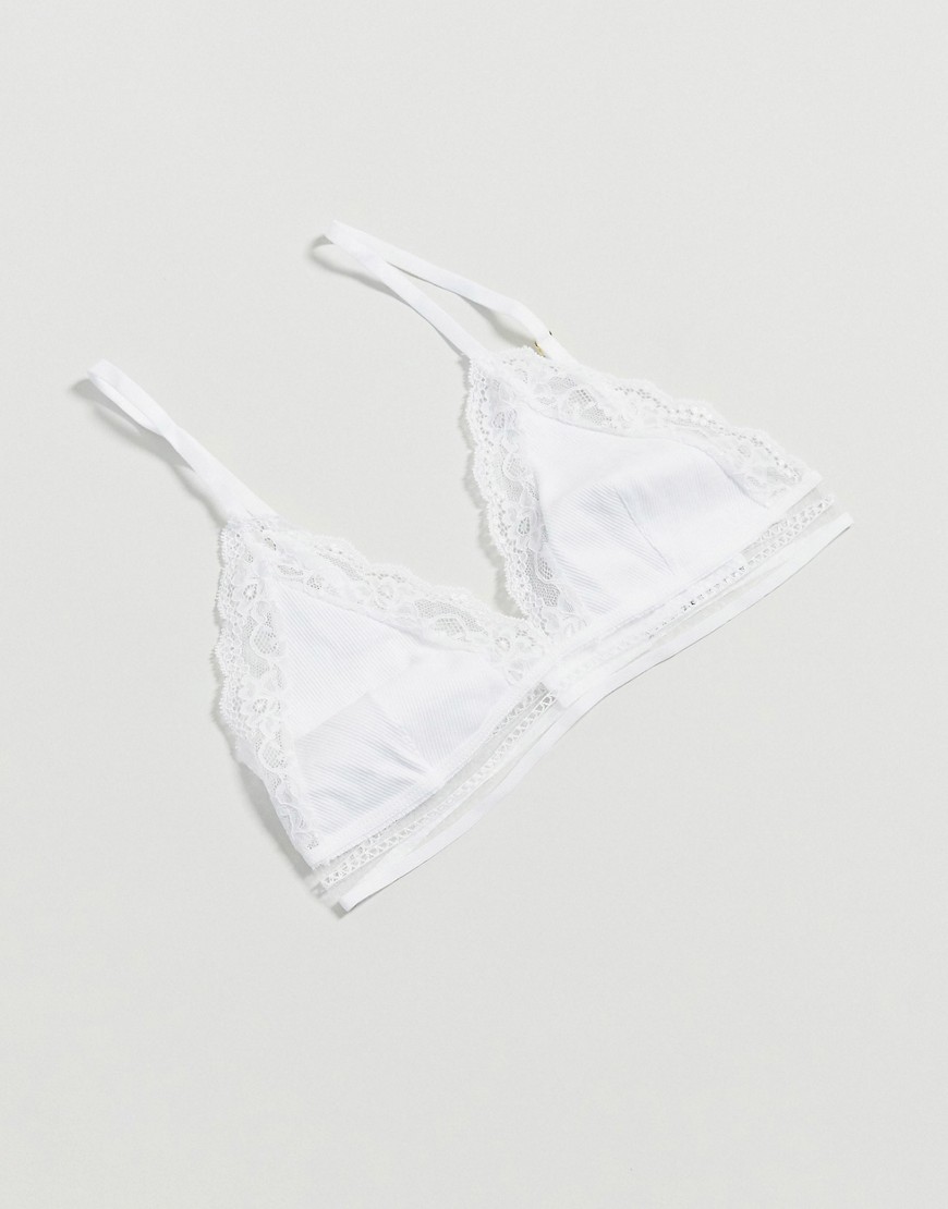 ASOS DESIGN cotton rib soft bra with lace-White
