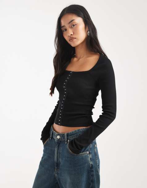ASOS DESIGN cotton rib square neck long sleeve top with hook and eye in black - view 1