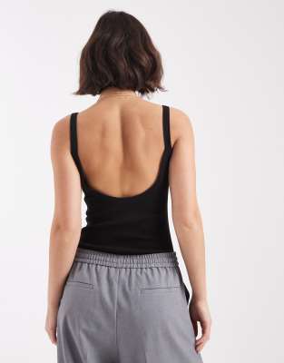 Asos Design Cotton Ribbed Bodysuit With Scoop Back Detail In Black
