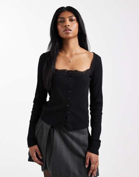 ASOS DESIGN cotton ribbed button down square neck top with lace trim in black - view 1