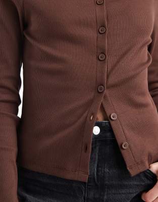 Asos Design Cotton Ribbed Crew Neck Button Up Top In Brown