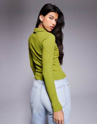 ASOS DESIGN COTTON RIB POLO LONG SLEEVE TOP