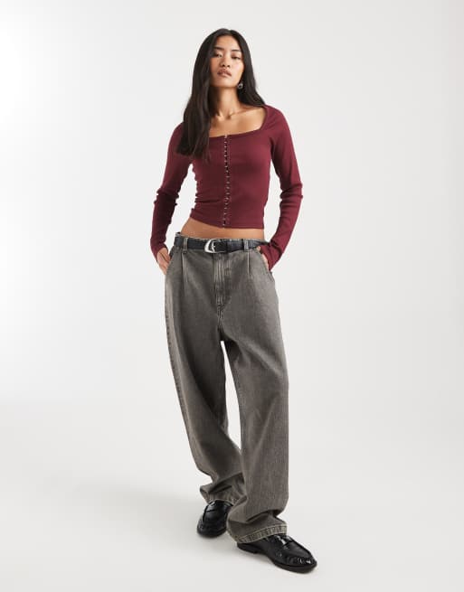 ASOS DESIGN cotton ribbed square neck long sleeve top with hook and eye in burgundy, 3 of 4