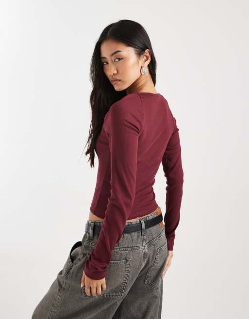 ASOS DESIGN cotton ribbed square neck long sleeve top with hook and eye in burgundy, 4 of 4