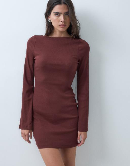 ASOS DESIGN cotton rich ribbed scoop back mini dress in chocolate, 5 of 5