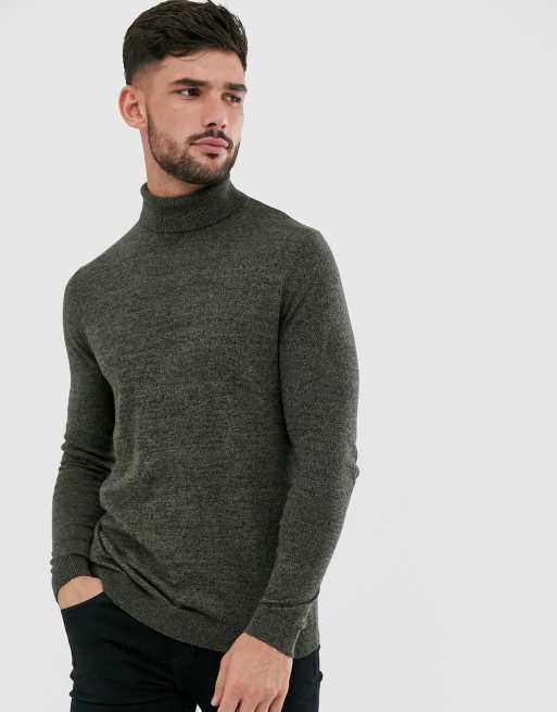 ASOS DESIGN cotton roll neck jumper in khaki twist