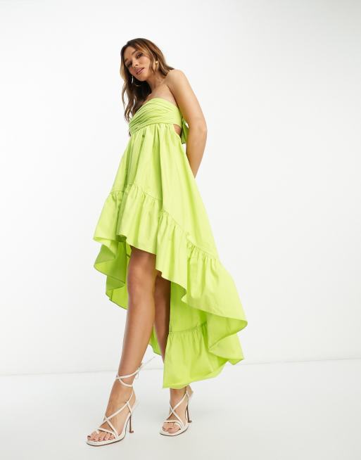 ASOS DESIGN Cotton ruched bandeau midi dress with high low hem in lime green ASOS