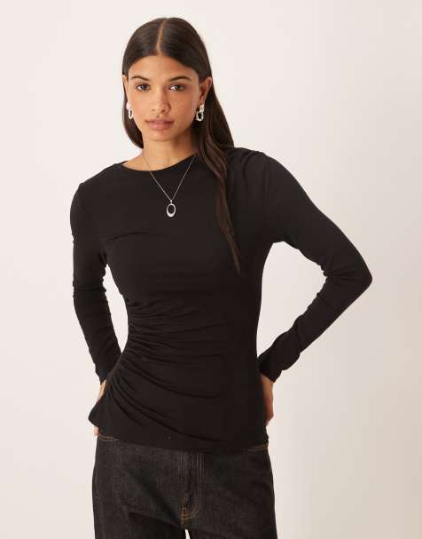 ASOS DESIGN cotton ruched long sleeve top in black - view 1
