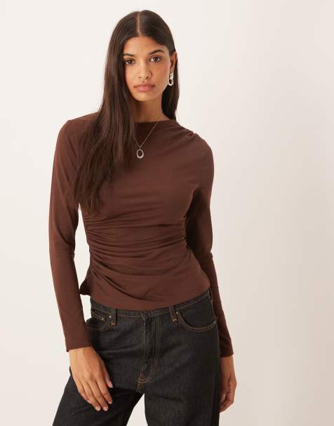 ASOS DESIGN cotton ruched long sleeve top in chocolate