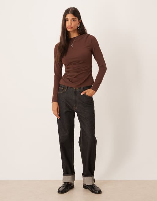 ASOS DESIGN cotton ruched long sleeve top in chocolate, 2 of 4