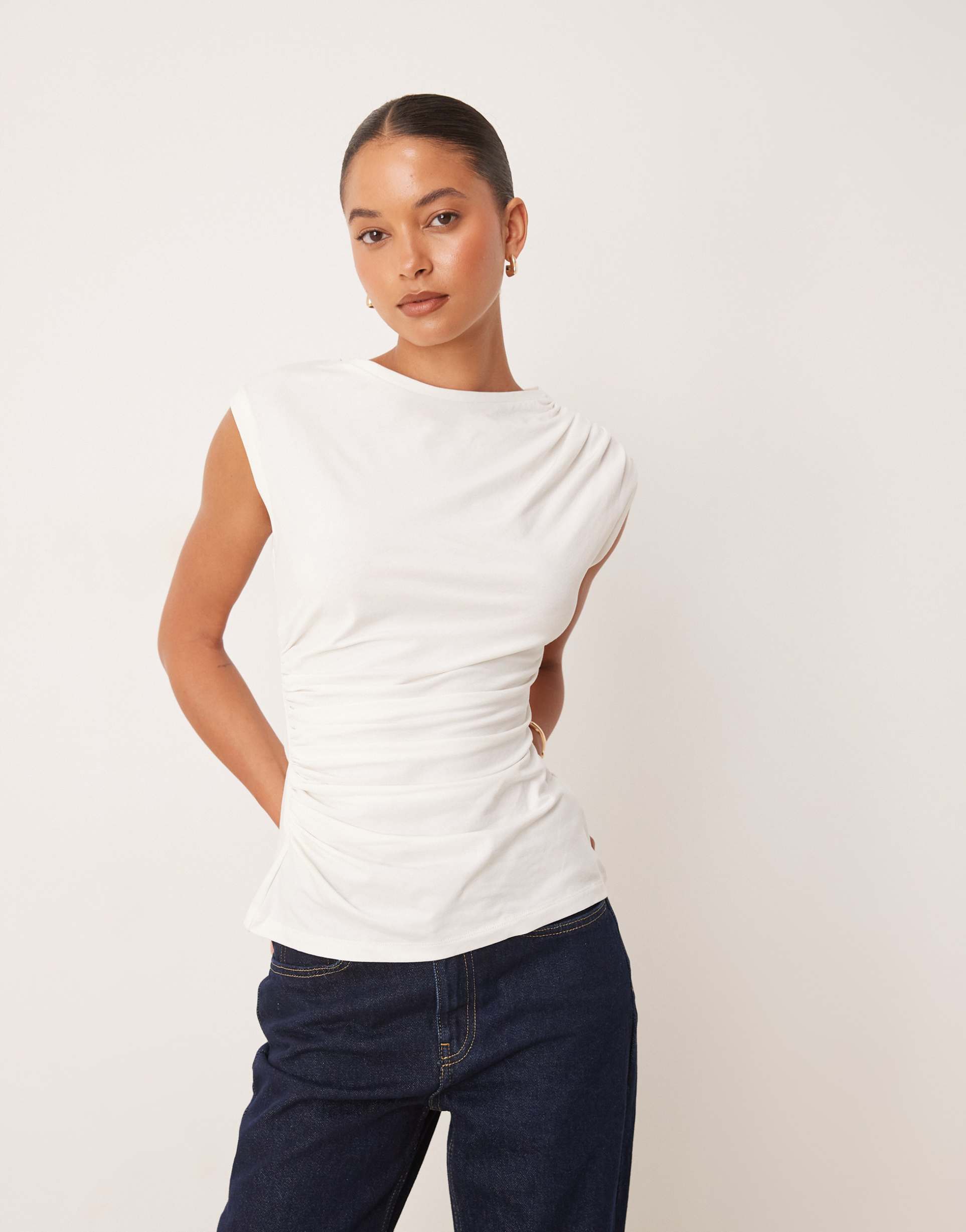 asos design cotton ruched tank top in ivory