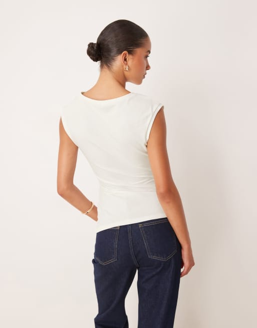 ASOS DESIGN cotton ruched tank top in ivory, 3 of 4