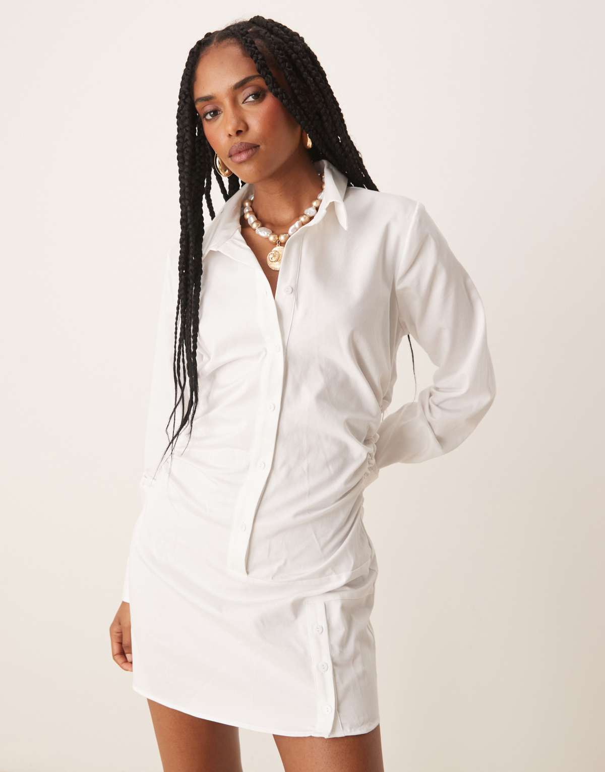 ASOS DESIGN cotton ruched waist shirt mini dress with flared sleeve in white