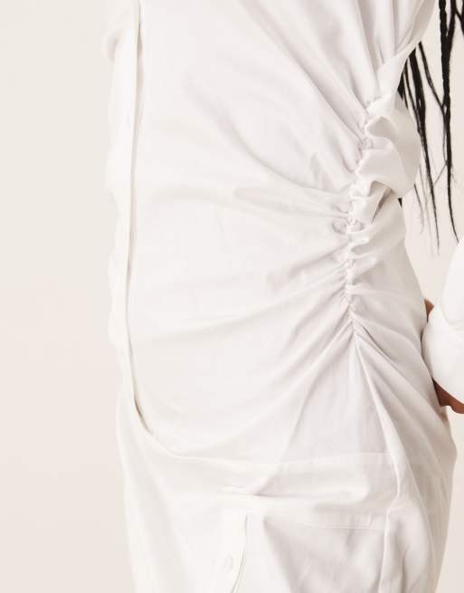 ASOS DESIGN cotton ruched waist shirt mini dress with flared sleeve in white, 3 of 4
