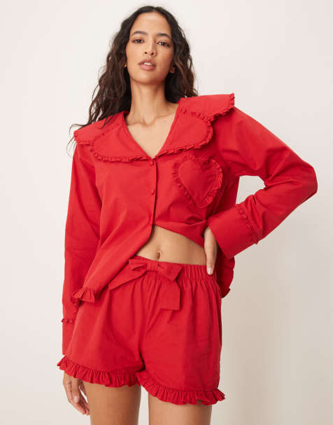 ASOS DESIGN cotton ruffle hem pajama shorts in red - part of a set - view 1