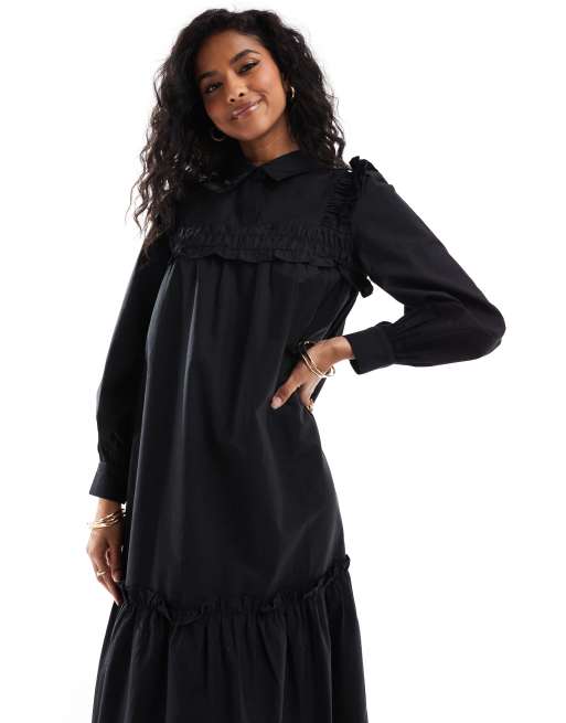 ASOS DESIGN cotton ruffle maxi smock dress in black ASOS