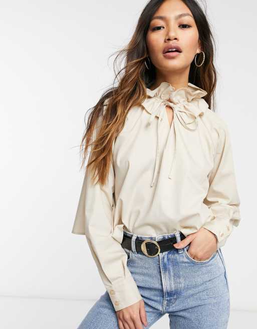 ASOS DESIGN cotton ruffle neck detail top with tie front detail in stone