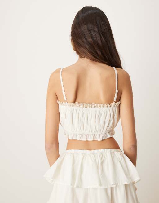 ASOS DESIGN cotton ruffle prairie crop top in ecru (part of a set), 3 of 4